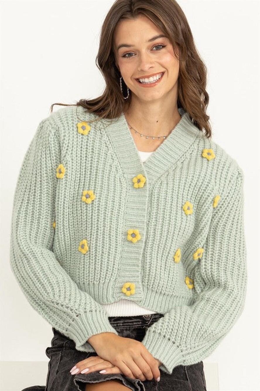 HYFVE Mint Green Knit Daisy Floral Cardigan Sweater Crop 3D Flower Button M